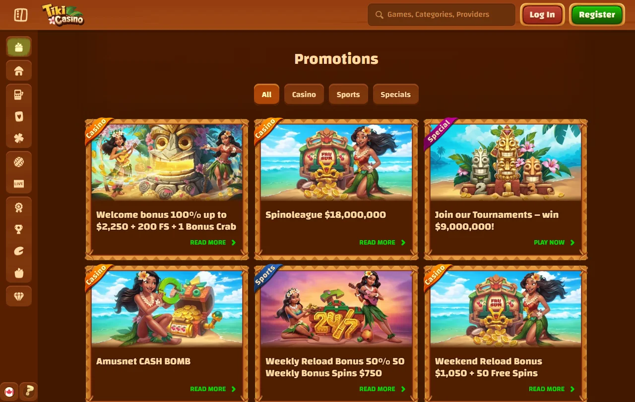Catálogo de tragamonedas, juegos de mesa y opciones de crupier en vivo en Tiki Casino México