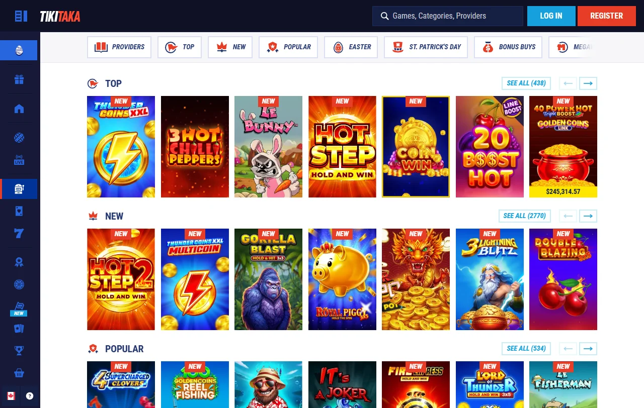 Catálogo de juegos en TikiTaka Casino México con más de 2,500 títulos de proveedores internacionales