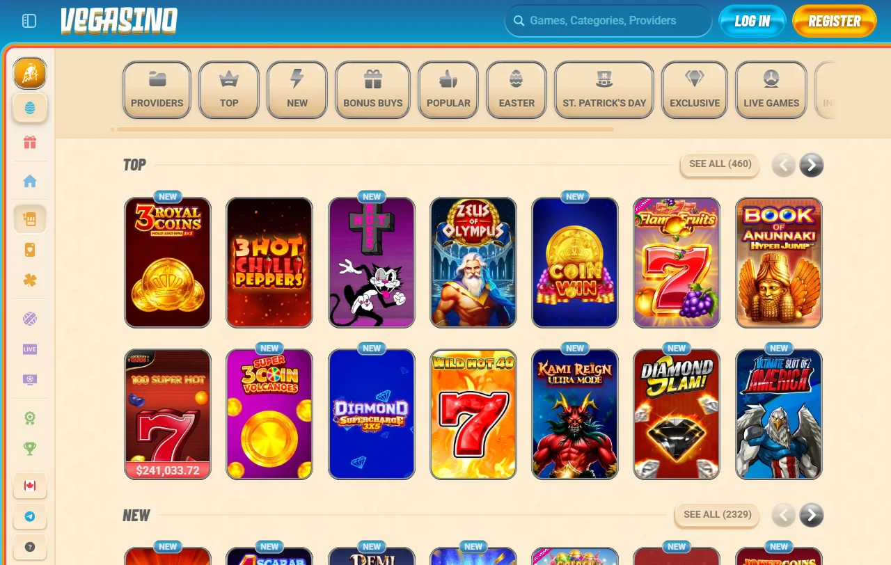 Catálogo de juegos en Vegasino Casino México - tragamonedas, juegos de mesa y entretenimiento en vivo