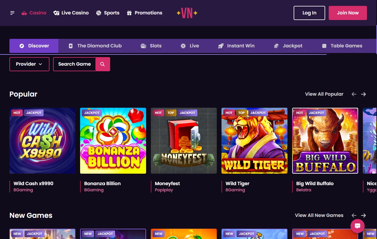 Catálogo de juegos en VegasNow Casino México con tragamonedas, mesa y opciones de crupier en vivo