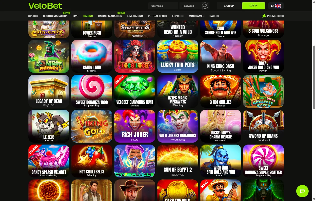 Catálogo de juegos en Velobet Casino México con aproximadamente 2,500 títulos de proveedores líderes