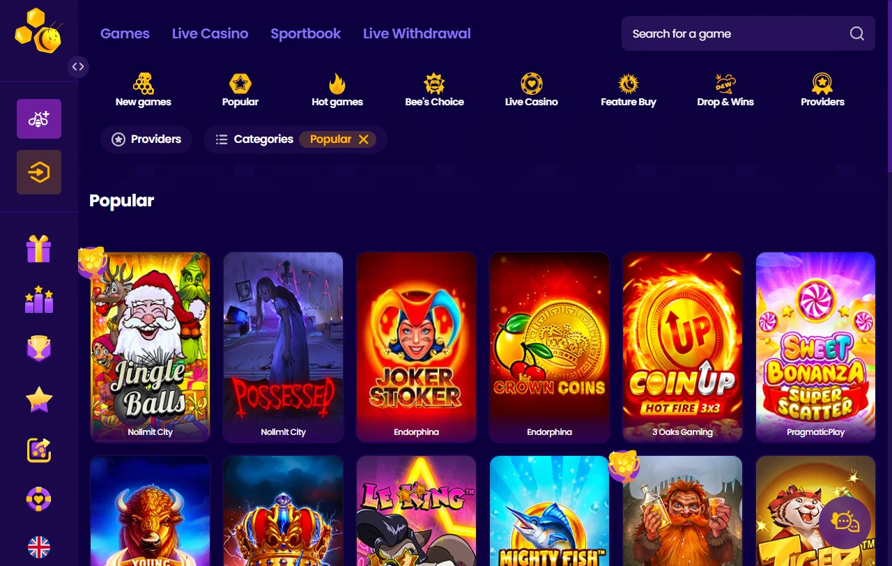 Catálogo de 3,000+ juegos en Wazbee Casino México incluyendo tragamonedas de Pragmatic Play y mesas en vivo de Evolution Gaming