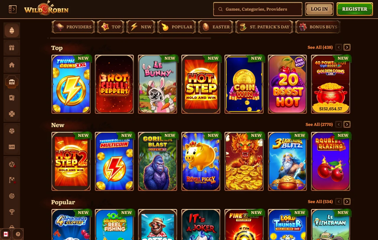 Colección de juegos y proveedores de software en Wild Robin Casino México - 5000+ títulos