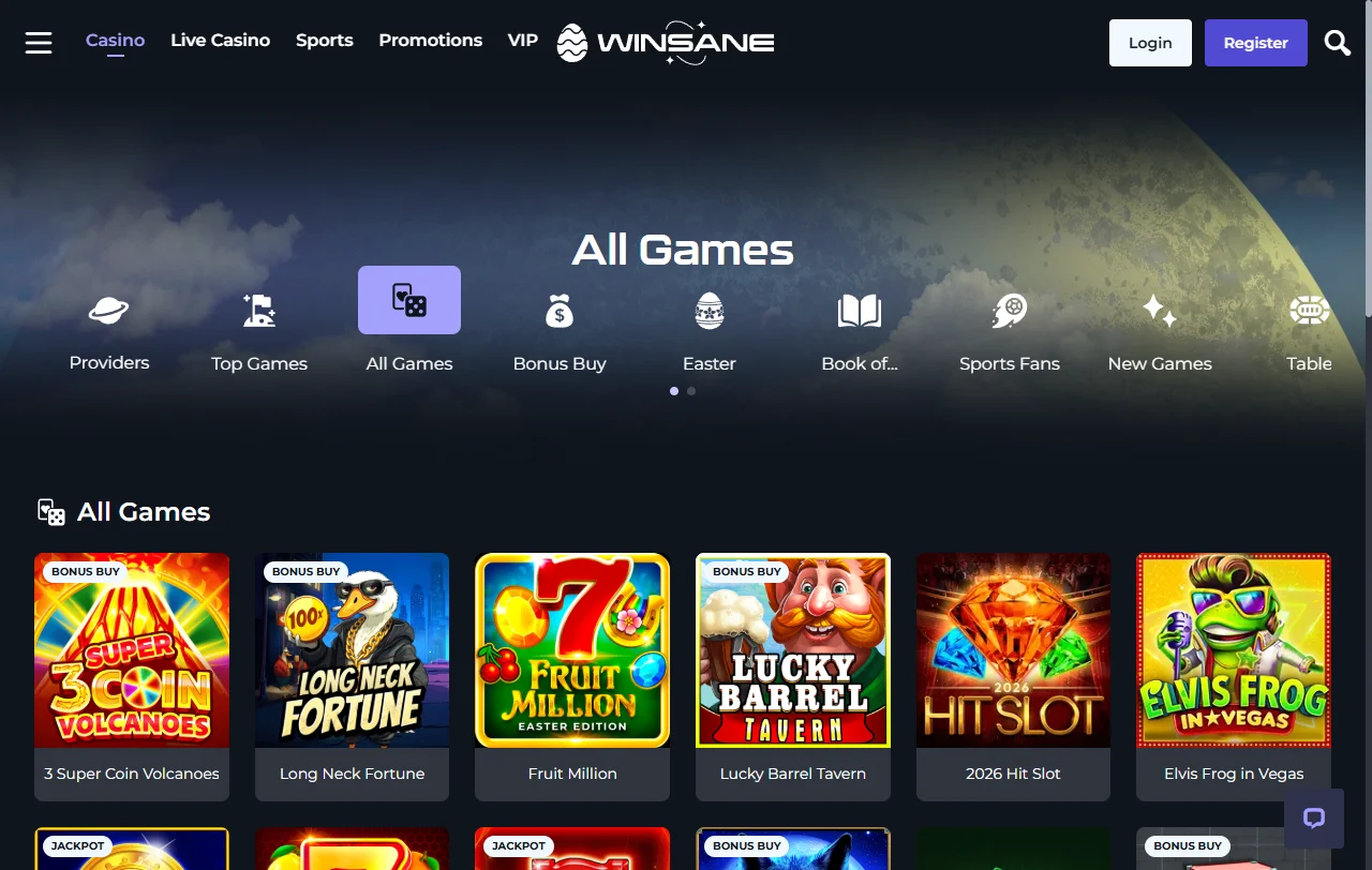 Catálogo de juegos en Winsane Casino México incluyendo tragamonedas, blackjack, ruleta y casino en vivo