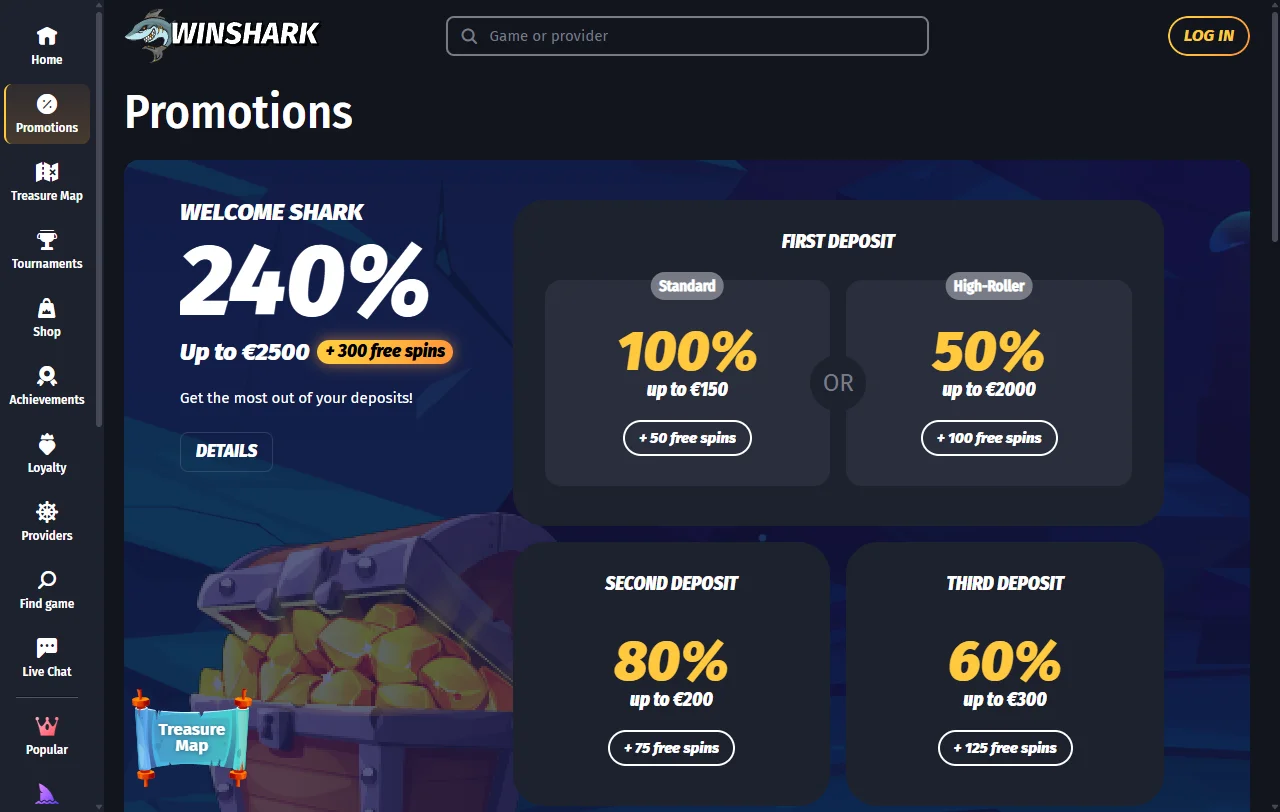 Catálogo de tragamonedas, juegos de mesa y opciones en vivo disponibles en Winshark Casino México