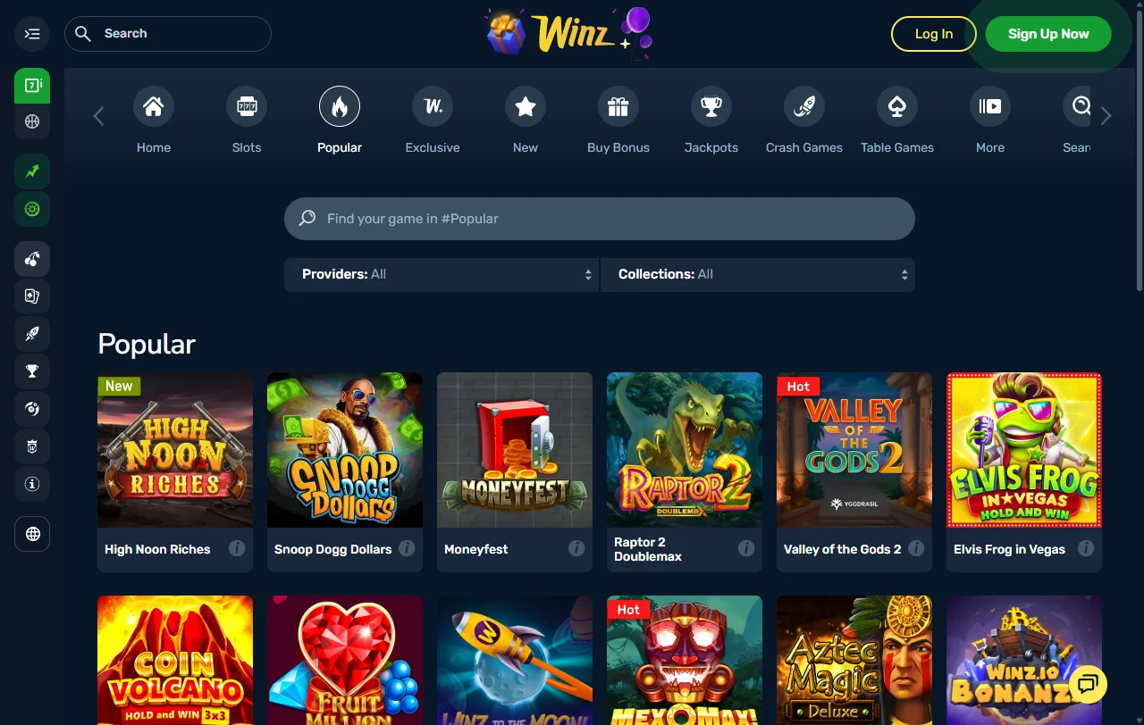 Catálogo de juegos en Winz Casino México - slots, mesa y entretenimiento en vivo disponible