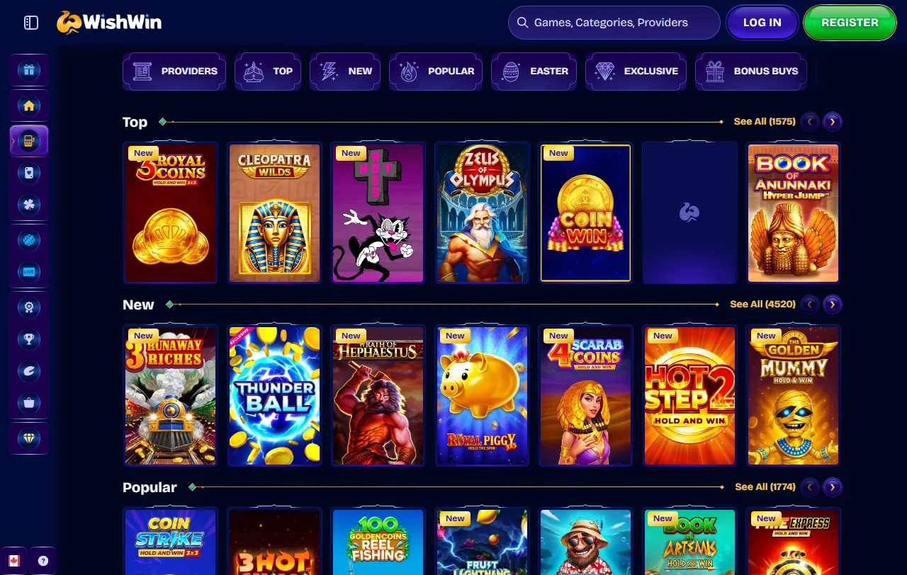 Catálogo de juegos y proveedores de software en Wishwin Casino México