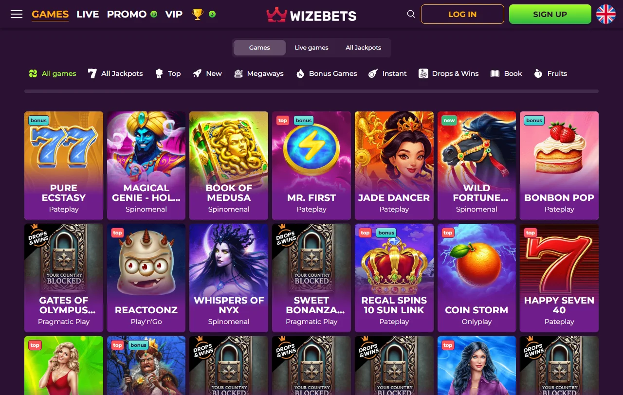 Catálogo de tragamonedas, juegos de mesa y casino en vivo disponibles en Wizebets Casino México