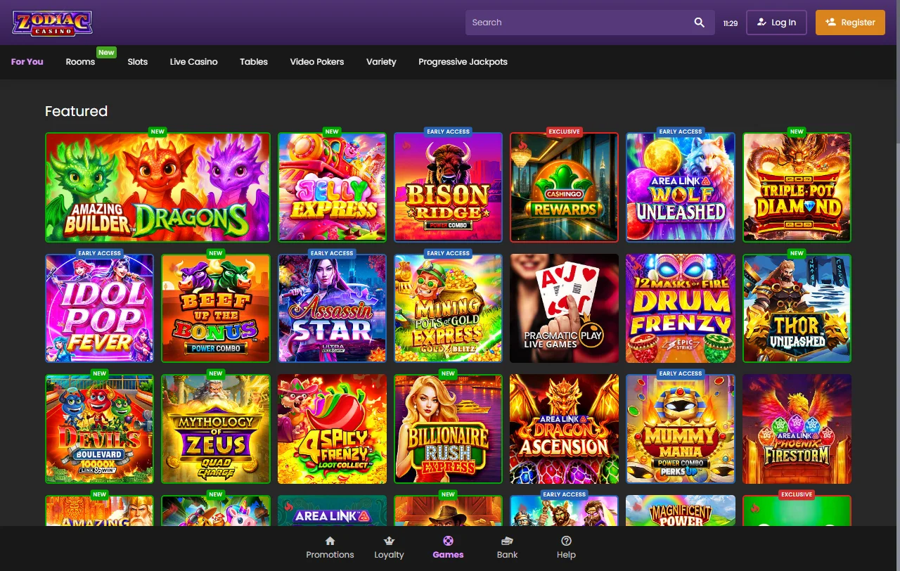 Análisis completo de Zodiac Casino México mostrando interfaz principal con navegación y menú de categorías de juegos